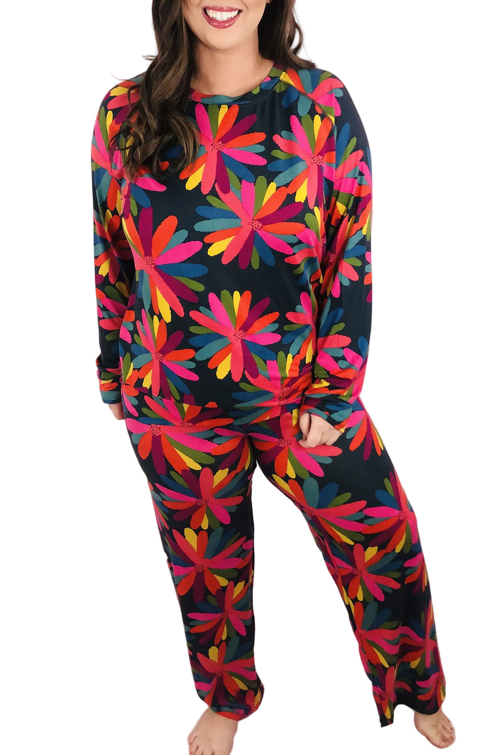 Green Plus Size Printed Long Sleeve and Pants Lounge Set