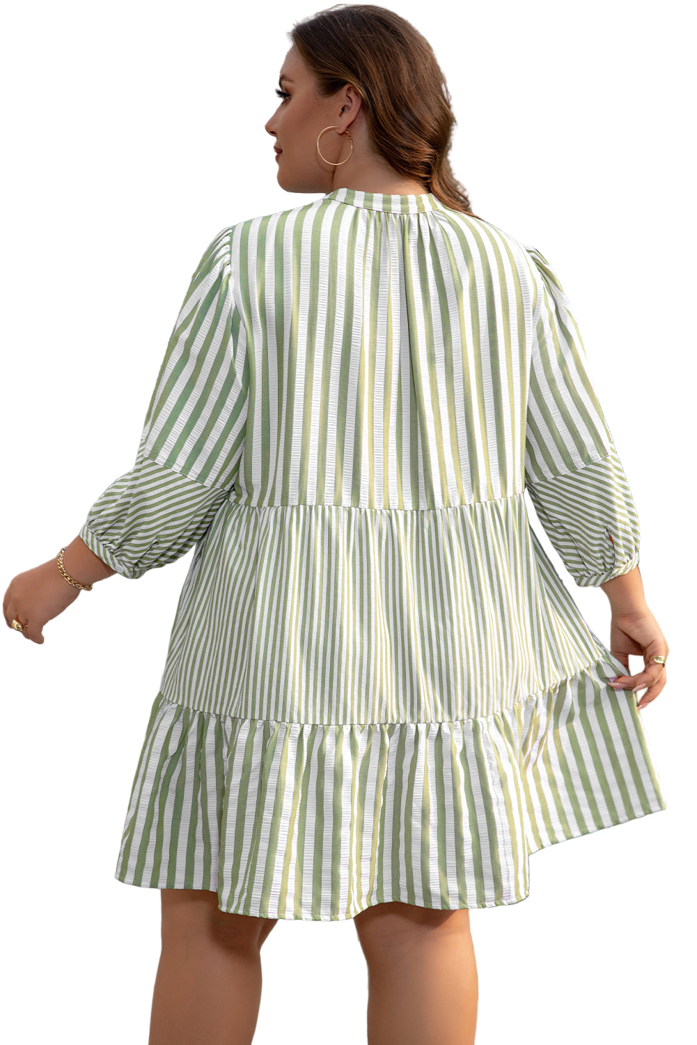 Green Stripe Bracelet Sleeve Tasseled Tied Neck Tiered Plus Size Mini Dress