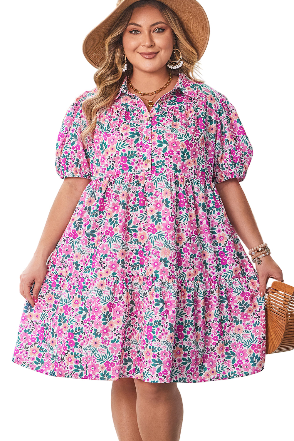 Pink Plus Size Floral Half Button Short Puff Sleeve A-line Dress