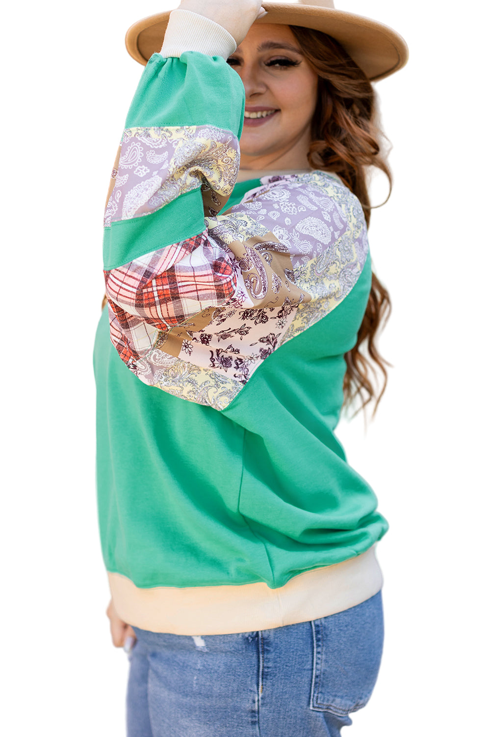 Sky Blue Plus Size Plaid Floral Patchwork Raglan Sleeve Sweatshirt