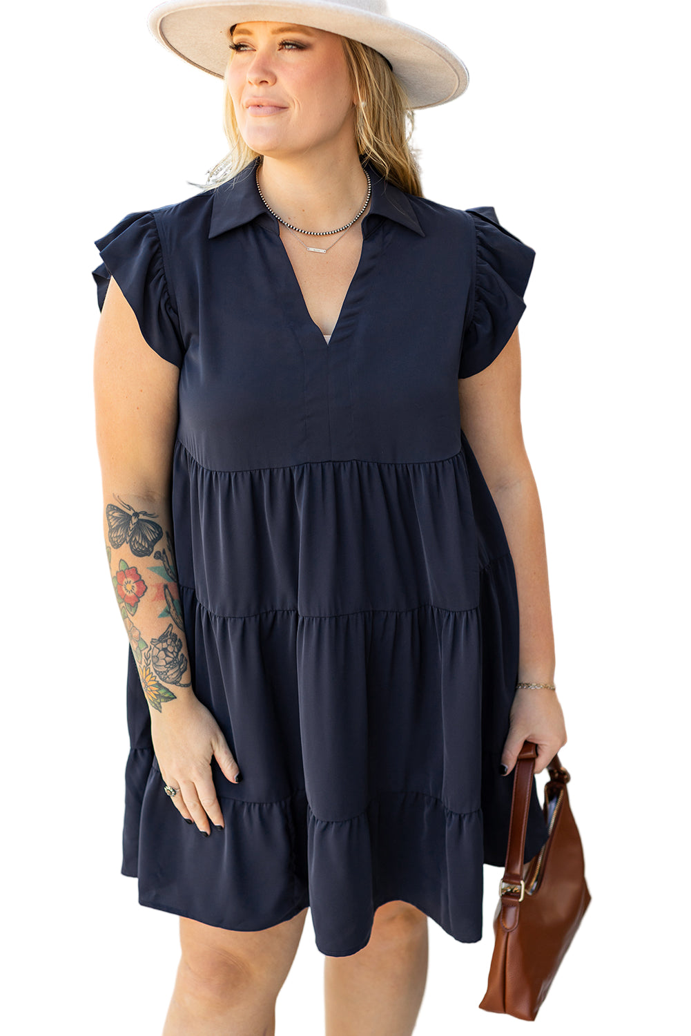 Navy Blue Collared V Neck Flutter Sleeve Tiered Plus Size Dress