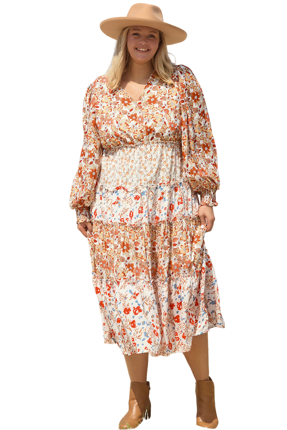 Khaki Plus Size Floral Tiered Ruffle Maxi Dress