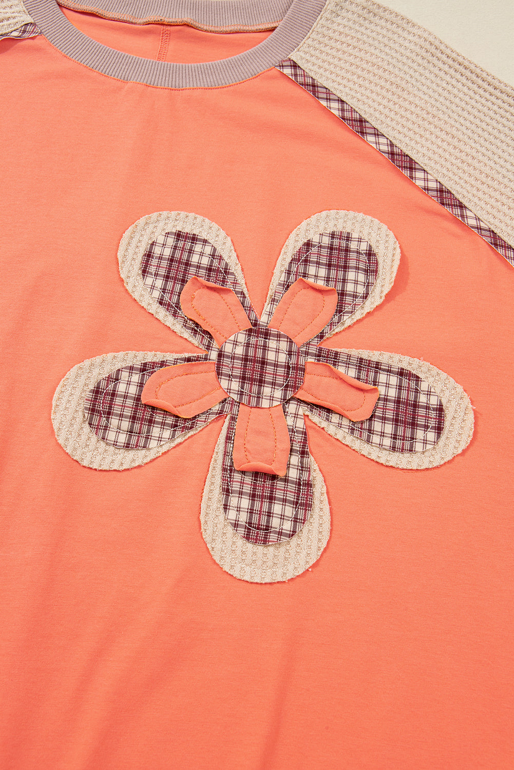 Grapefruit Orange Plaid Flower Waffle Patched Plus Size 3/4 Sleeve Top