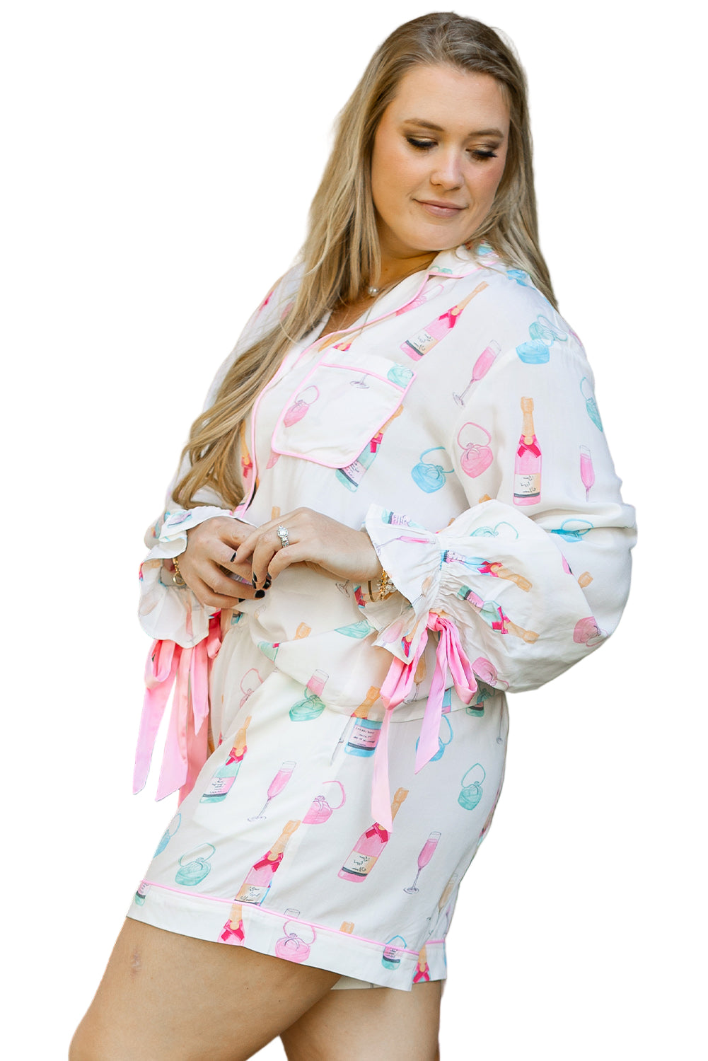 White Plus Size Wine Glass Print Bow Knot Pajama Set