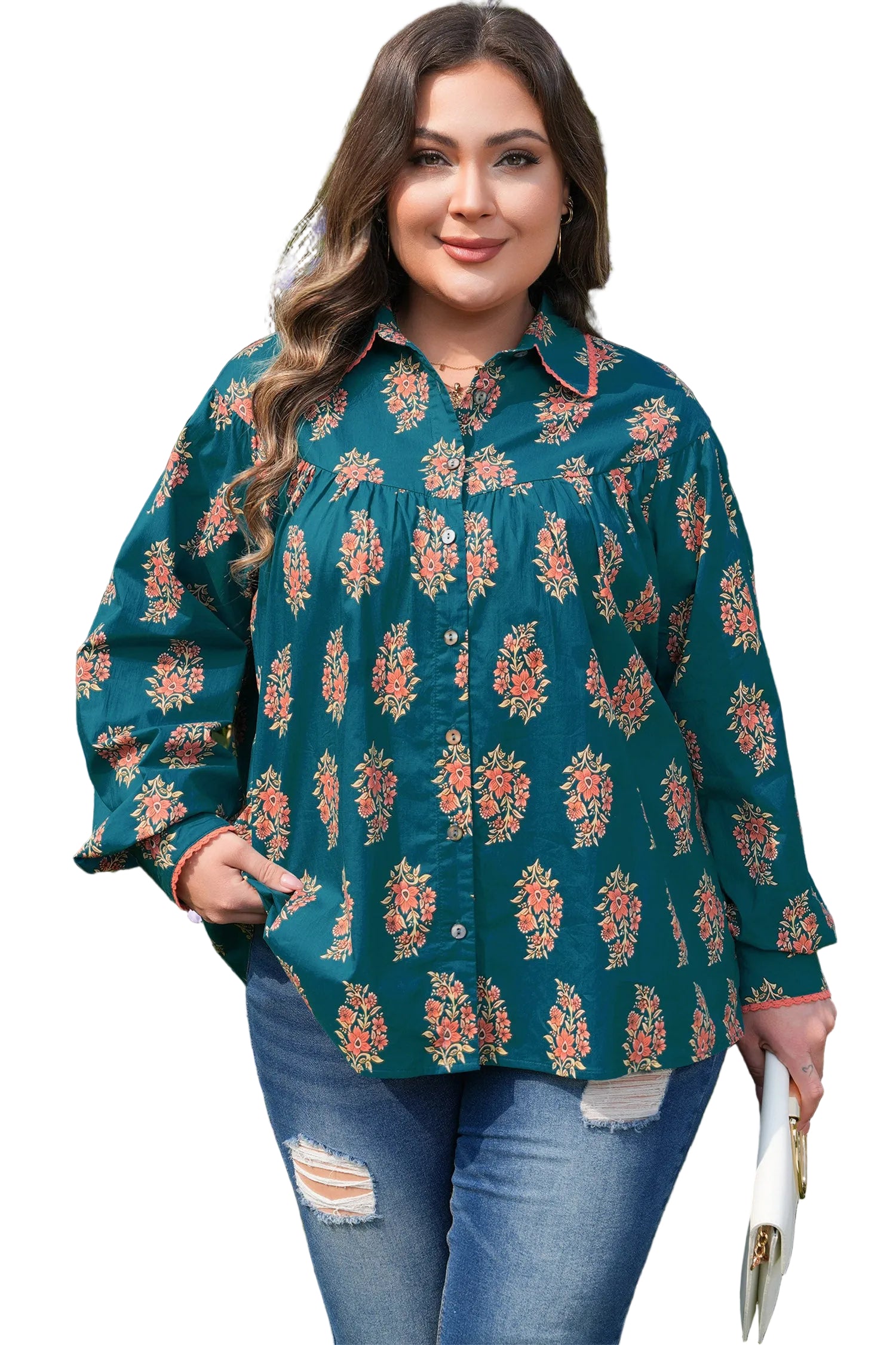 Green Plus Size Floral Print Contrast Lacy Trim Pleated Loose Shirt
