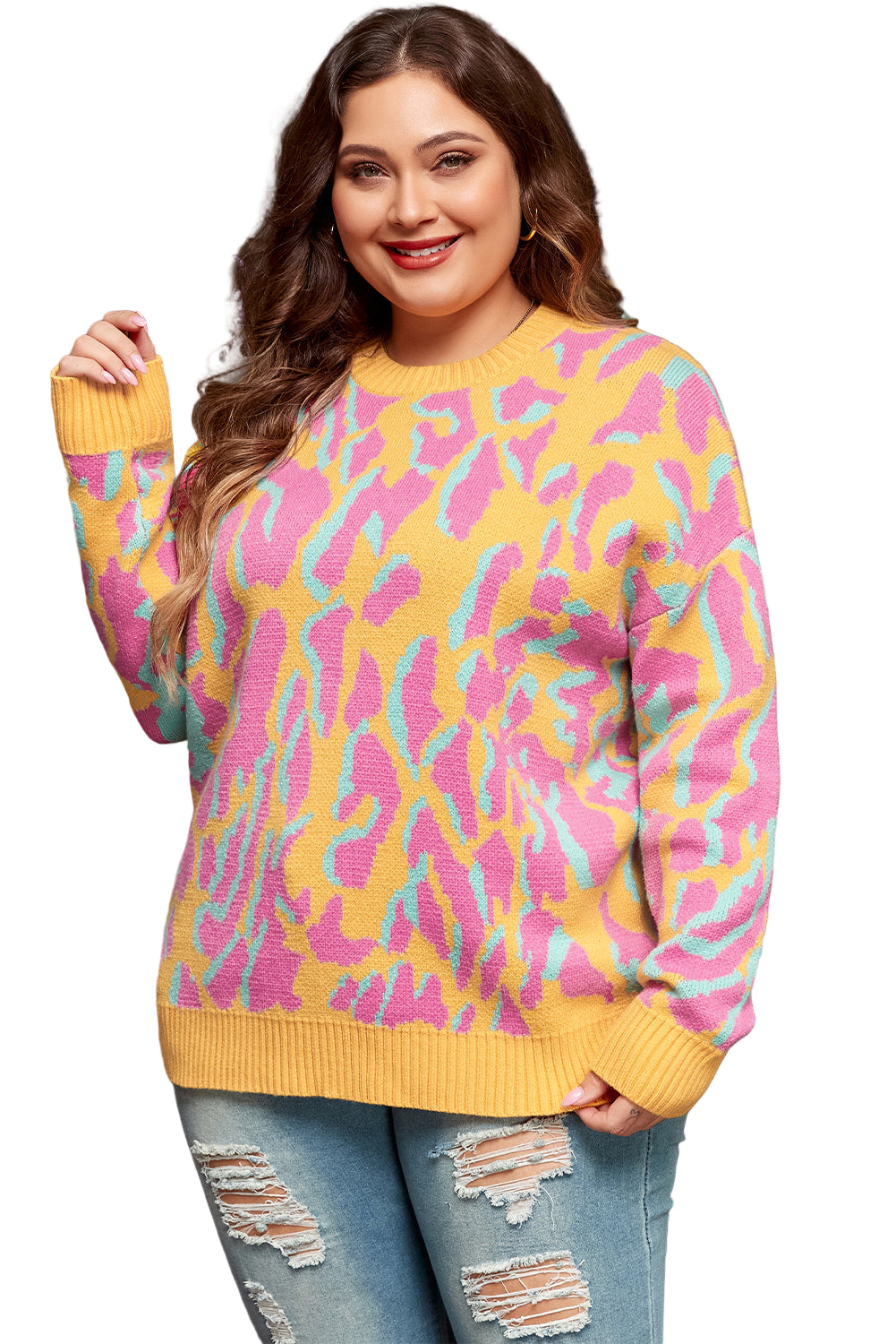 Bright Pink Plus Size Leopard Ribbed Trim Sweater