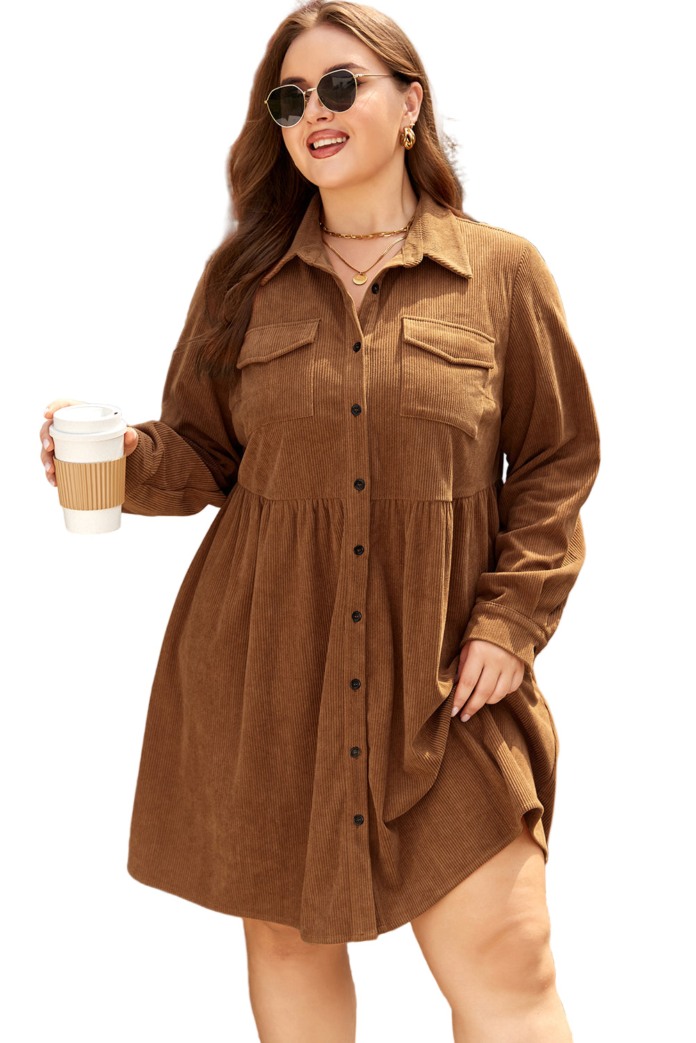 Camel Corduroy Full Buttoned Collared Shirt Style Plus Size Dress