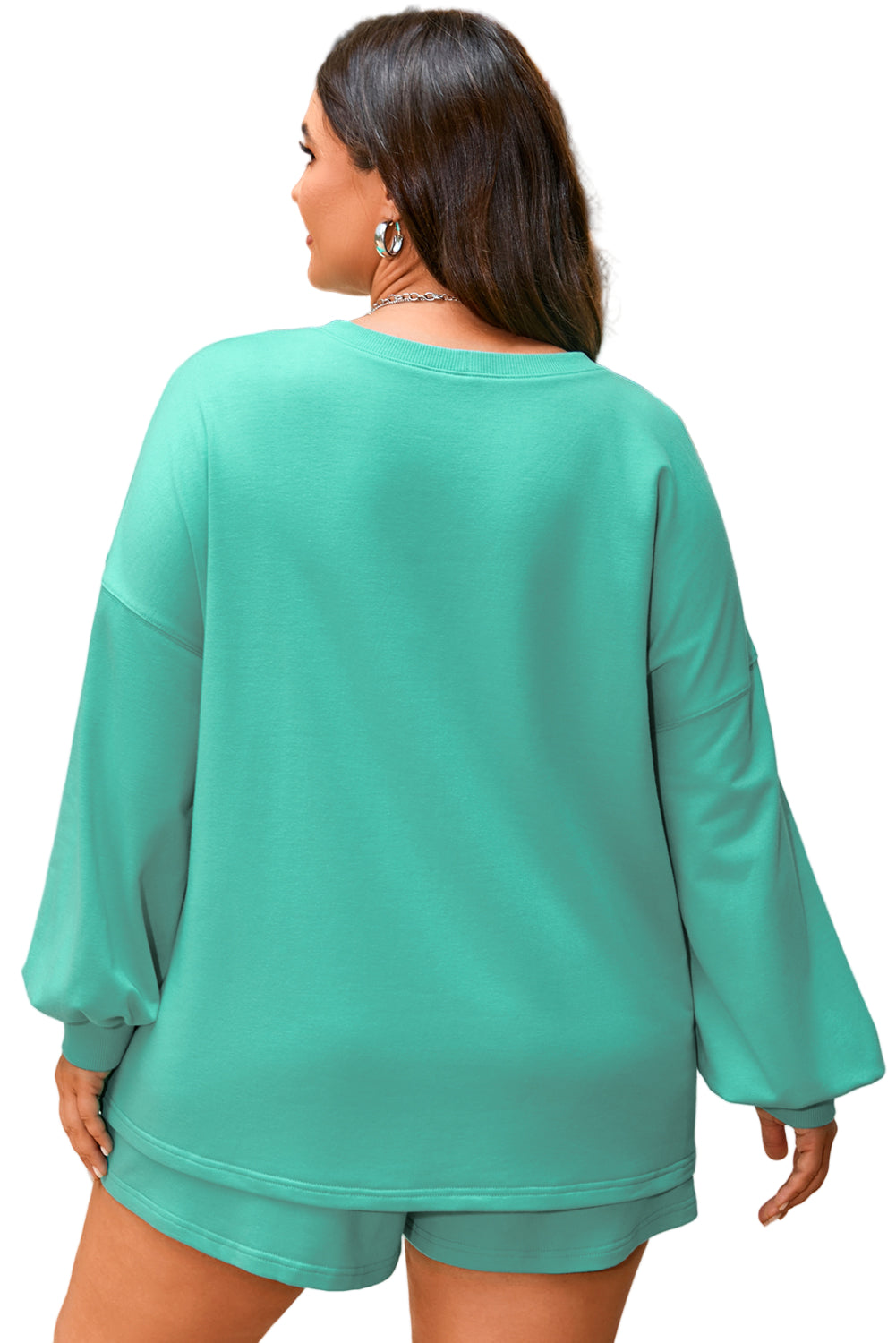 Sea Green Drop Shoulder V Neck Pullover Top and Drawstring Short Plus Size Set