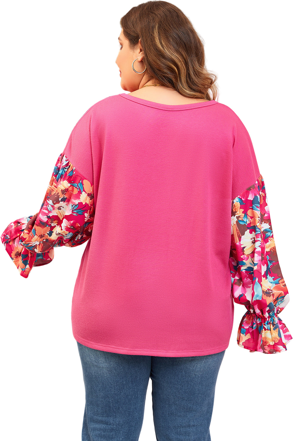 Bright Pink Floral Patchwork Flounce Sleeve Plus Knit Top