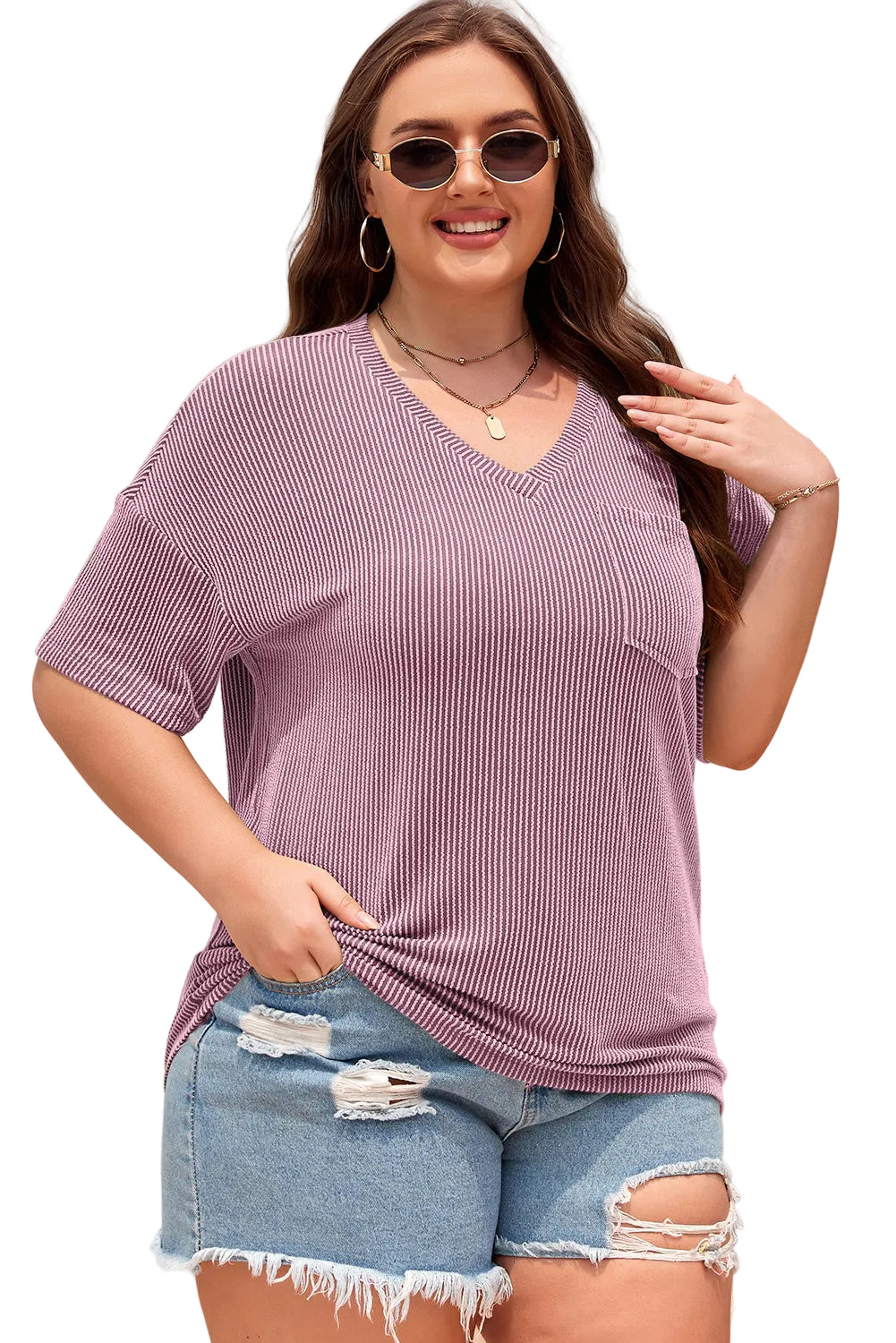 Black Textured V-Neck Dropped Shoulder Plus T-Shirt