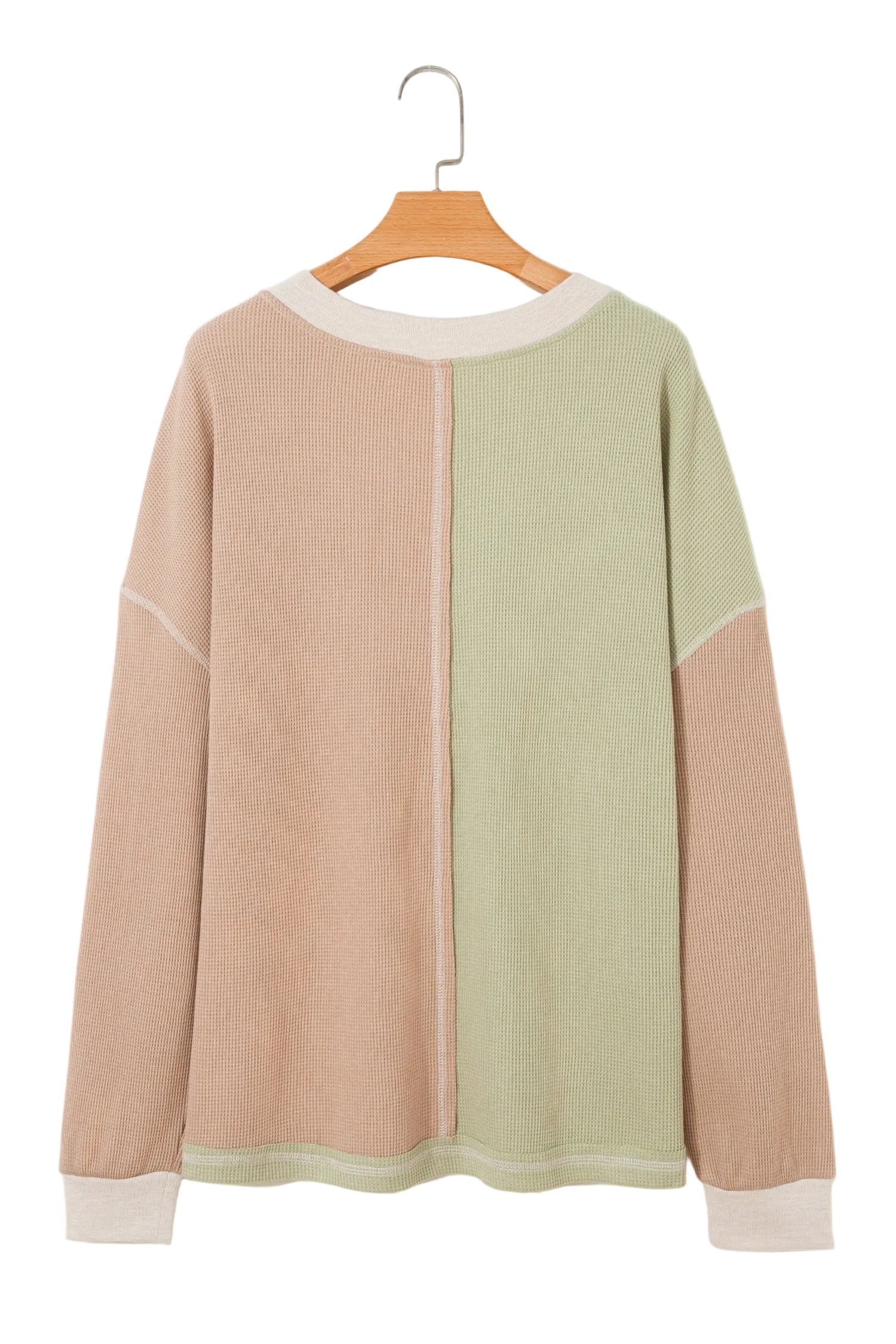 Green Plus Mixed Texture Color Block Patchwork V Neck Long Sleeve Top