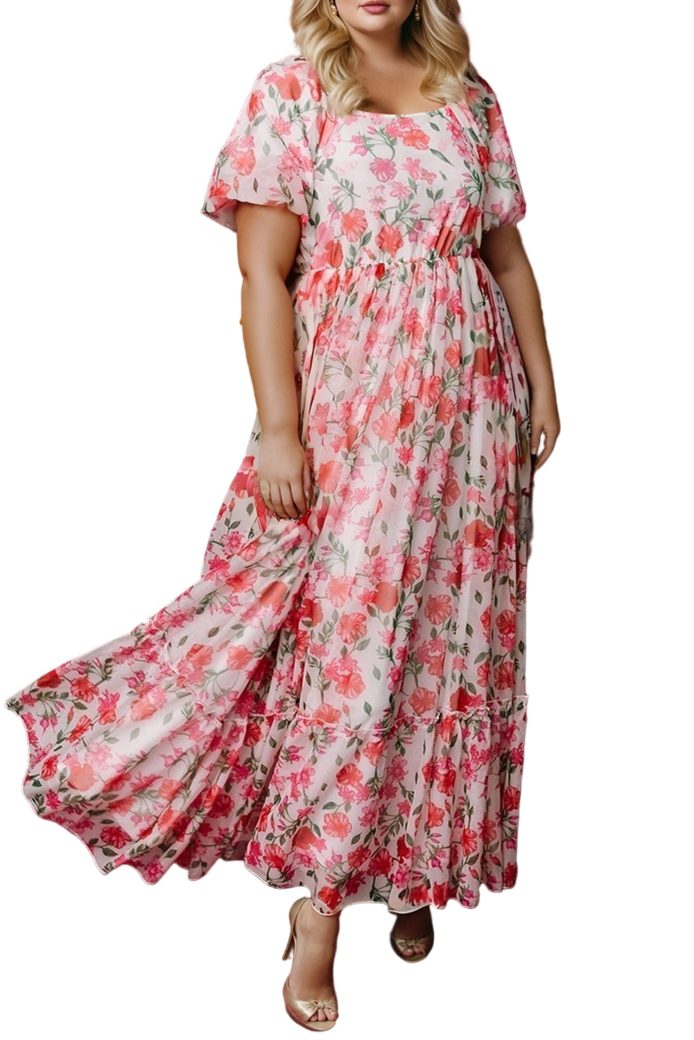 Pink Plus Size Floral Square Neck Puff Sleeve Ruffle Maxi Dress