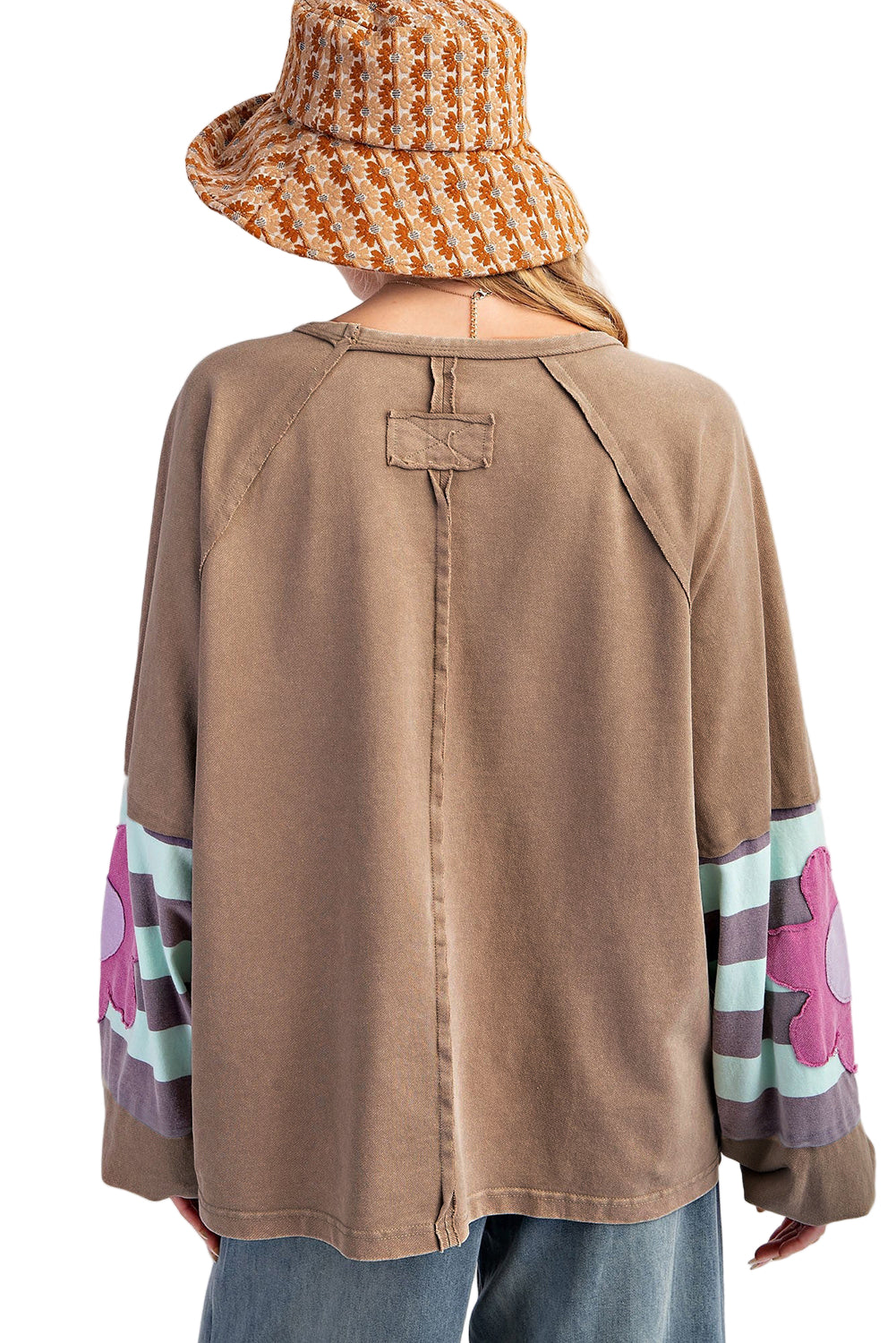Light French Beige Flower Striped Patchwork Puff Sleeve Loose Sweatshirt