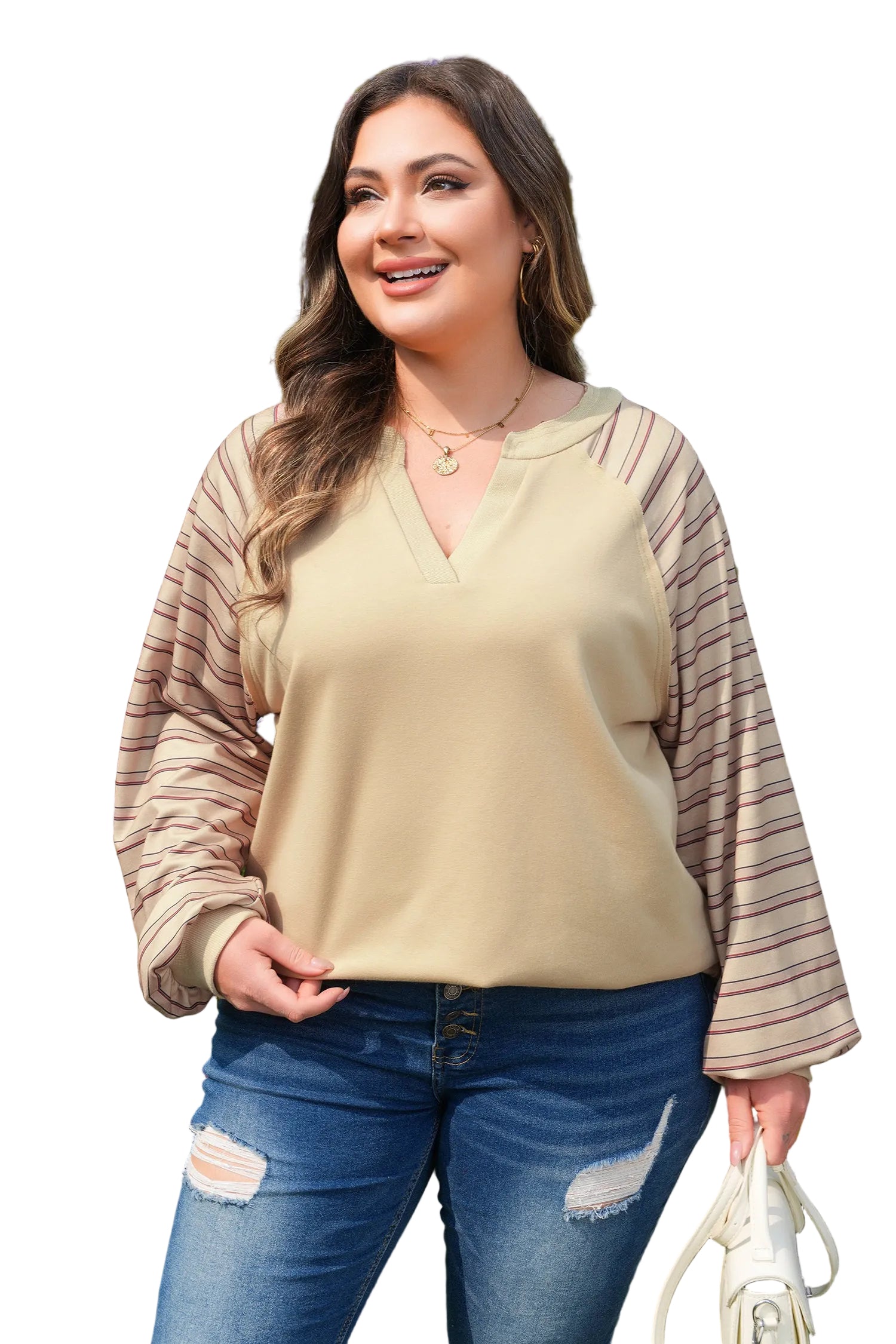 Parchment Striped Raglan Sleeve Notched Neck Raw Edge Plus Size Jumper
