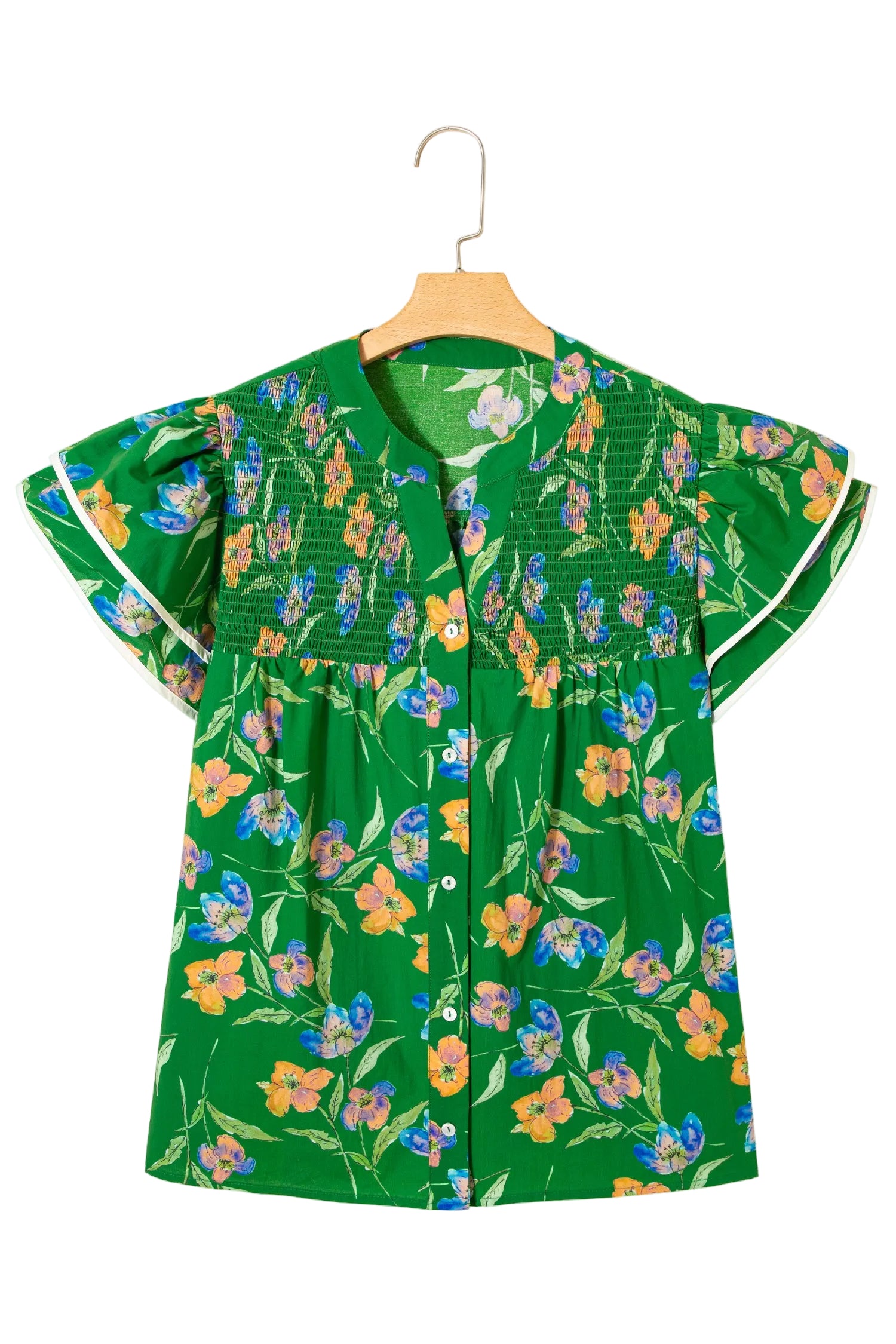 Green Plus Size Ruffled Short Sleeve Floral Top