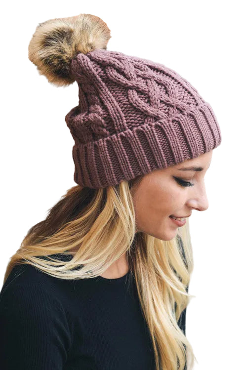Cable Knit Beanie with Faux Fur Pom