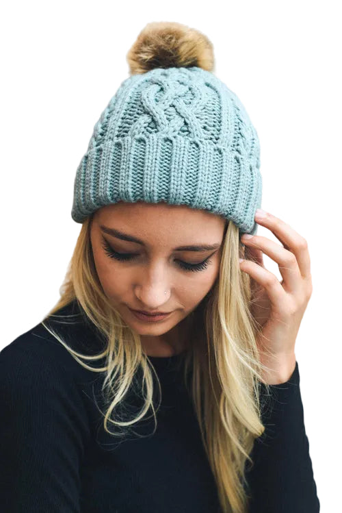 Cable Knit Beanie with Faux Fur Pom