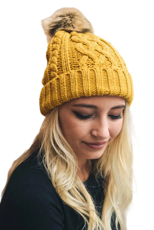 Cable Knit Beanie with Faux Fur Pom