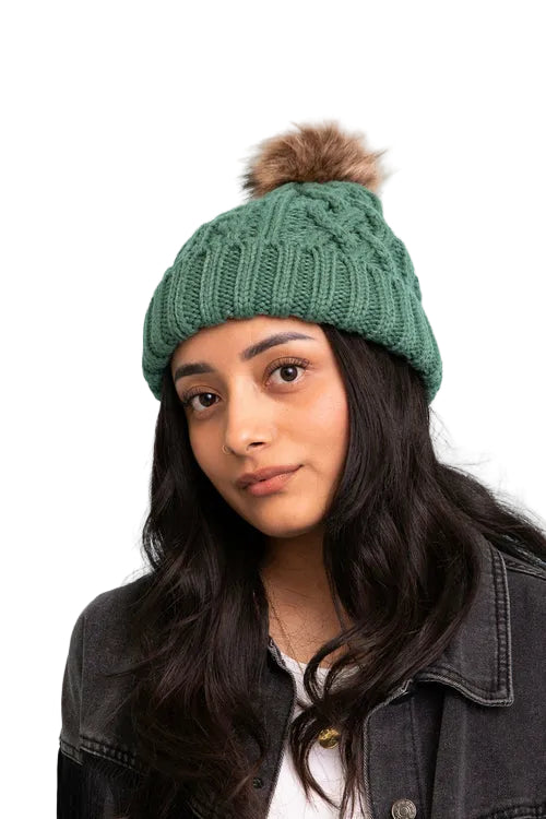 Cable Knit Beanie with Faux Fur Pom