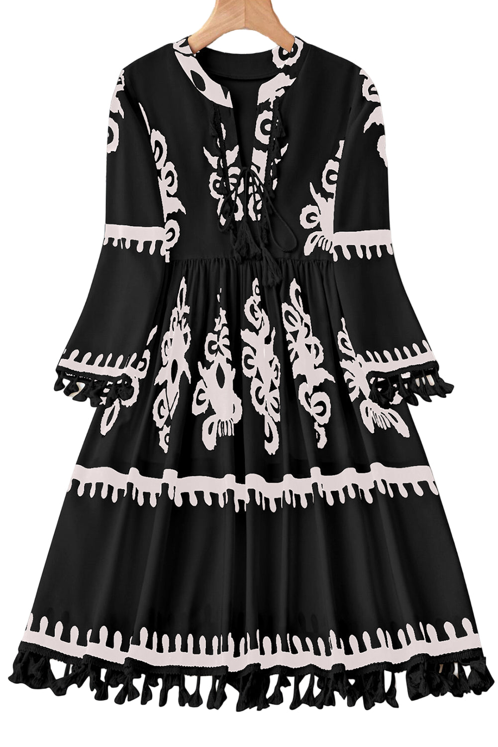Black Plus Size Western Floral Print Fringed V Neck Dress
