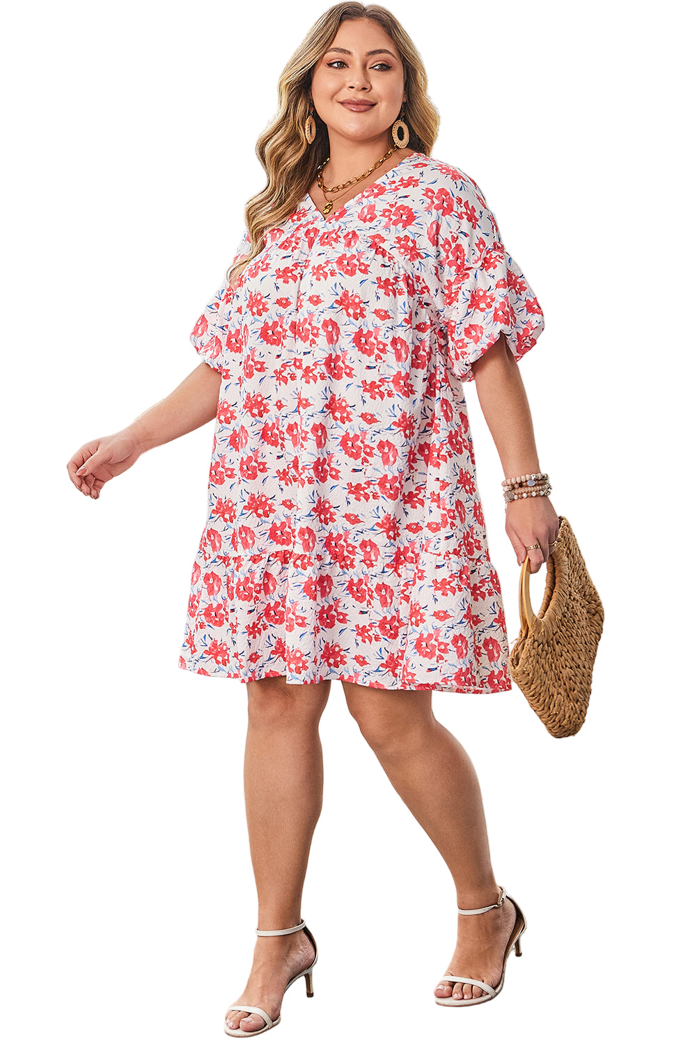 Red Floral Ruffled Half Sleeve V Neck Plus Size Dress