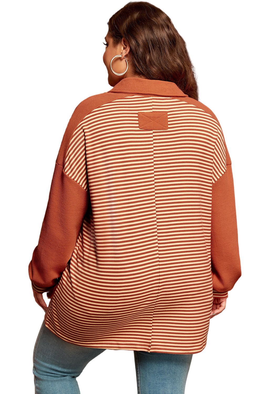 Red Stripe Textured Patched Drop Shoulder Buttoned Plus Size Sweatshirt