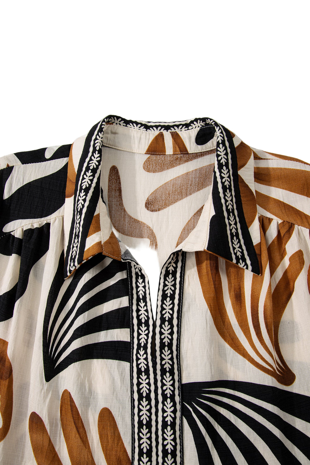 White Plus Size Abstract Print Contrast Collar Split Neck Shift Long Dress