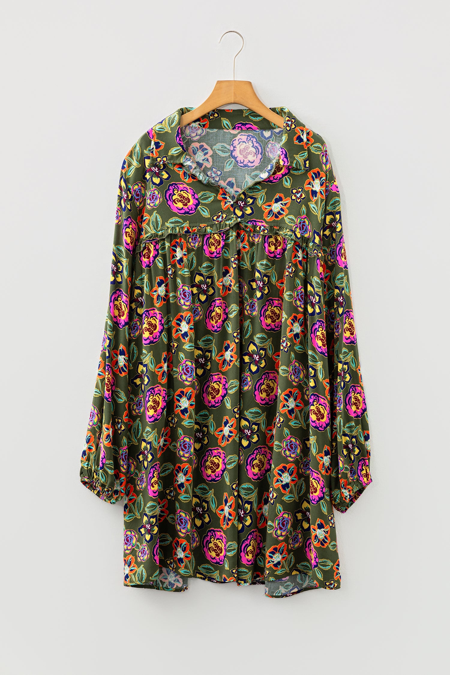 Green Plus Size Floral Print Collared V Neck Loose Mini Dress