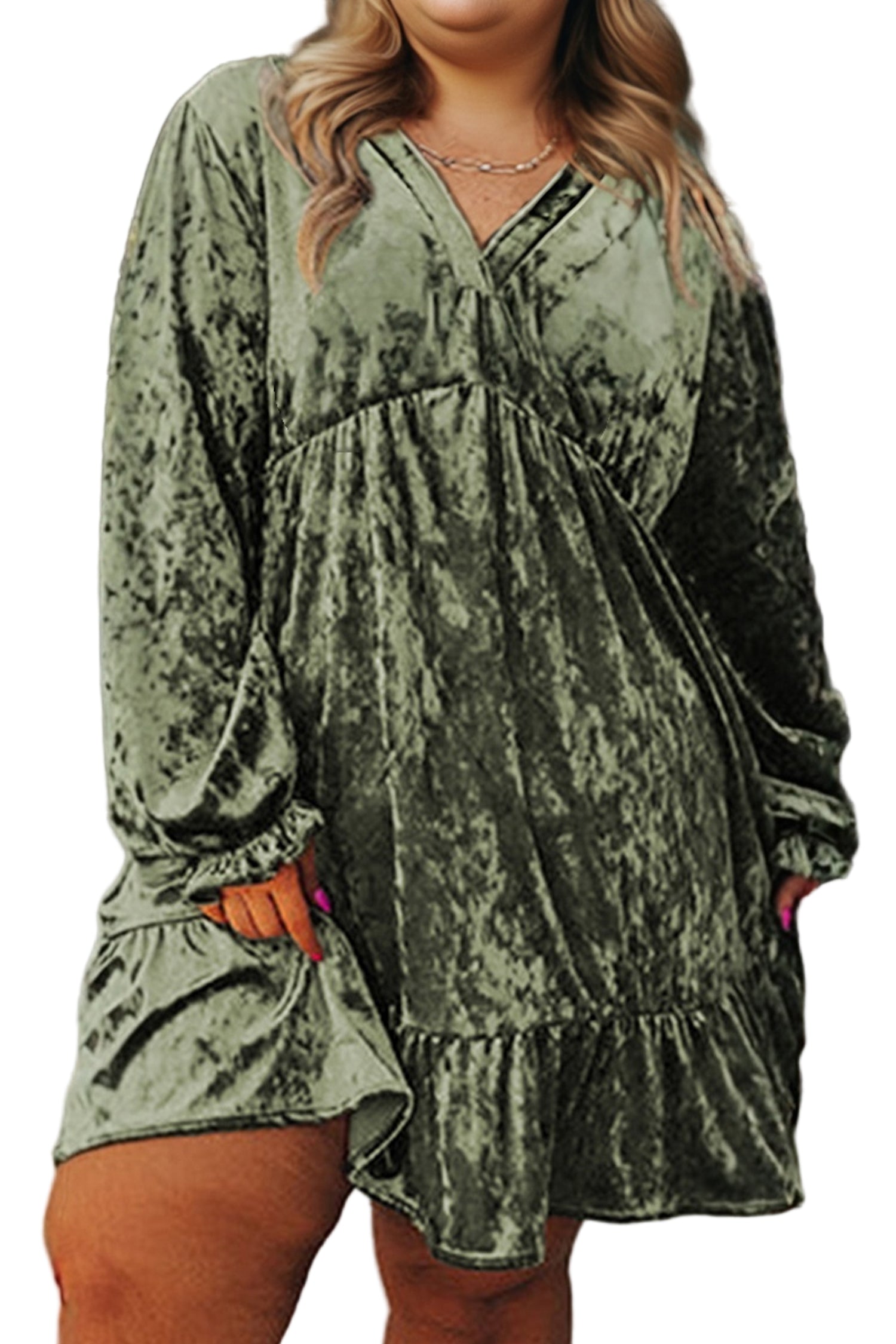 Coffee Plus Size Velvet Babydoll Mini Dress with Puff Sleeve