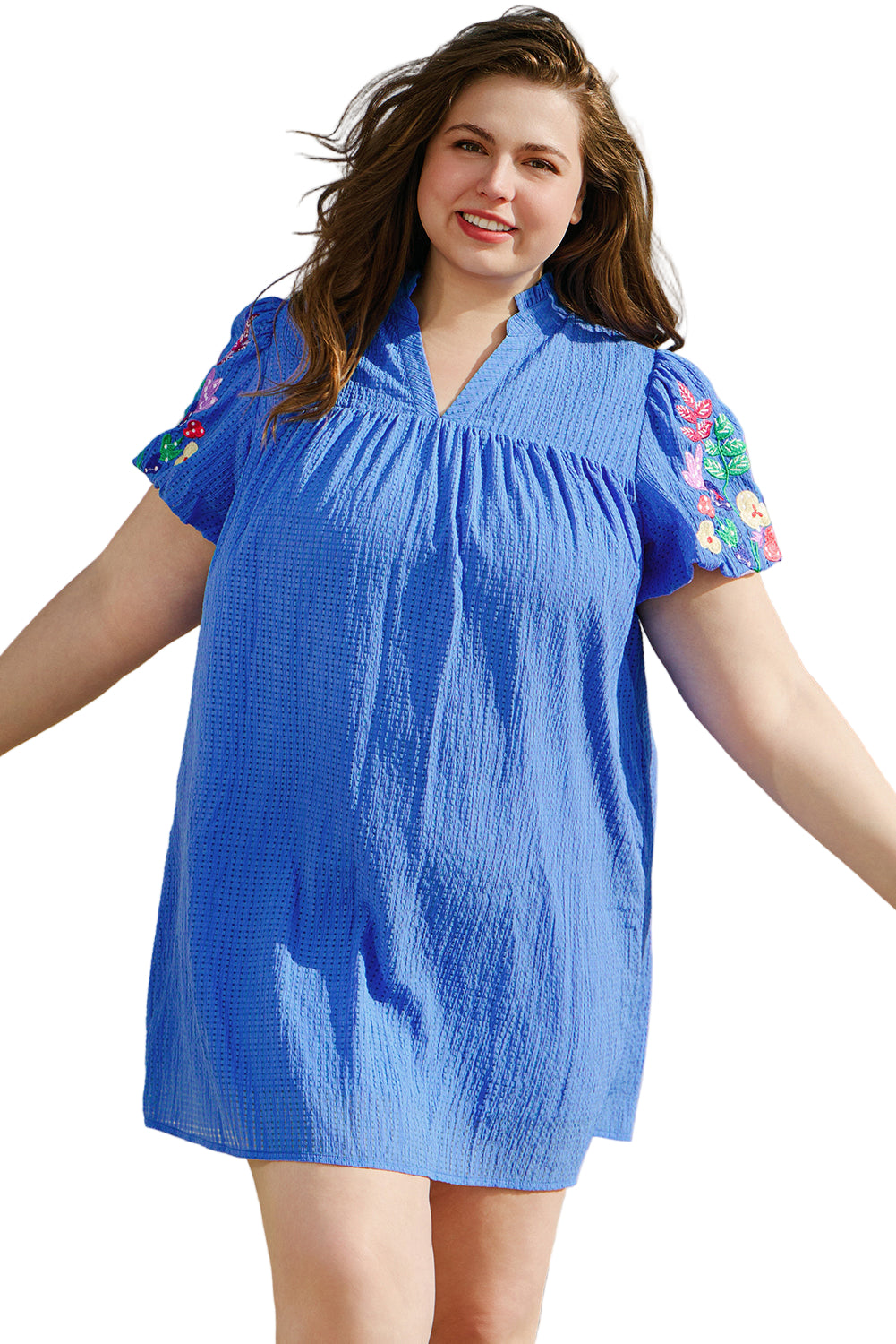 Sky Blue Plus Size Floral Embroidered Puff Sleeve Gingham Mini Dress