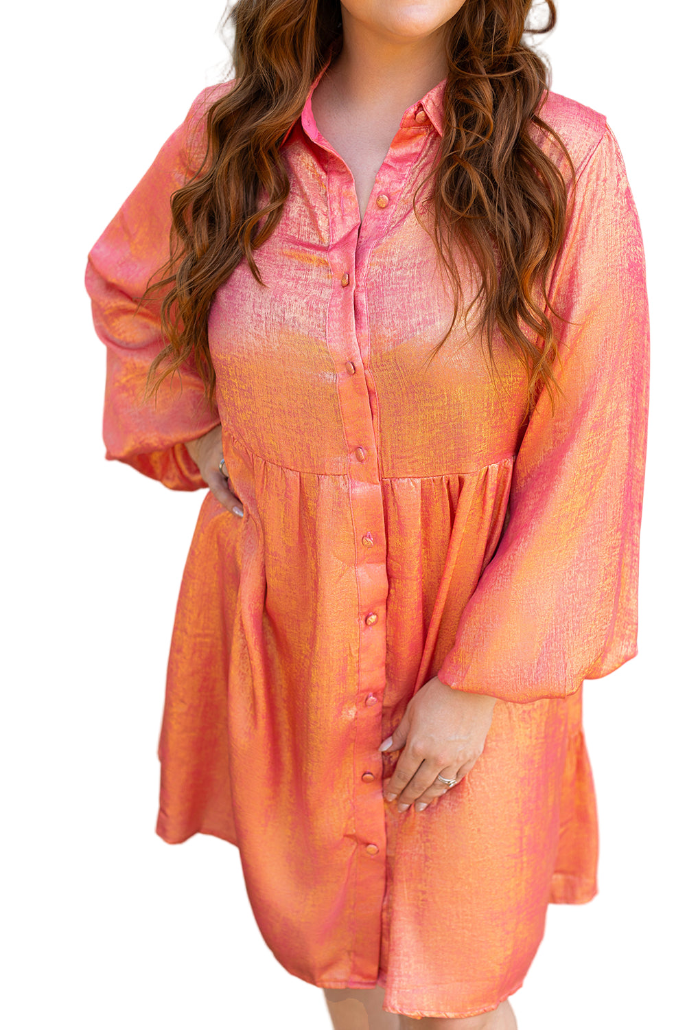 Peach Blossom Metallic Balloon Sleeve Shirt Plus Size Mini Dress