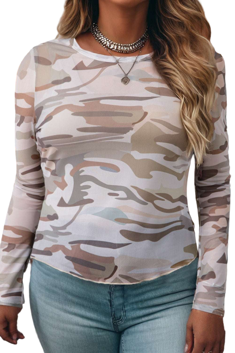 Green Plus Size Western Camo Print Mesh Long Sleeve Top