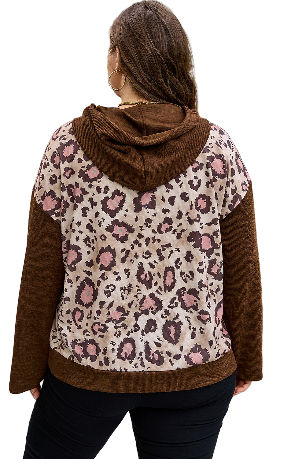 Brown Leopard Print Knit Patchwork Plus Hoodie
