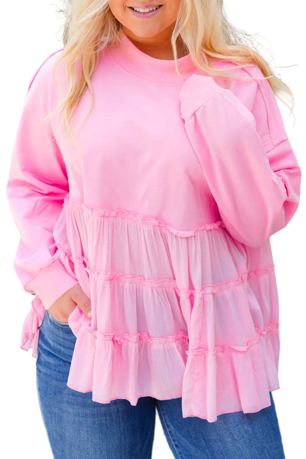 Pink Frill Tiered Patchwork Ribbed Trim Flowy Plus Size Top