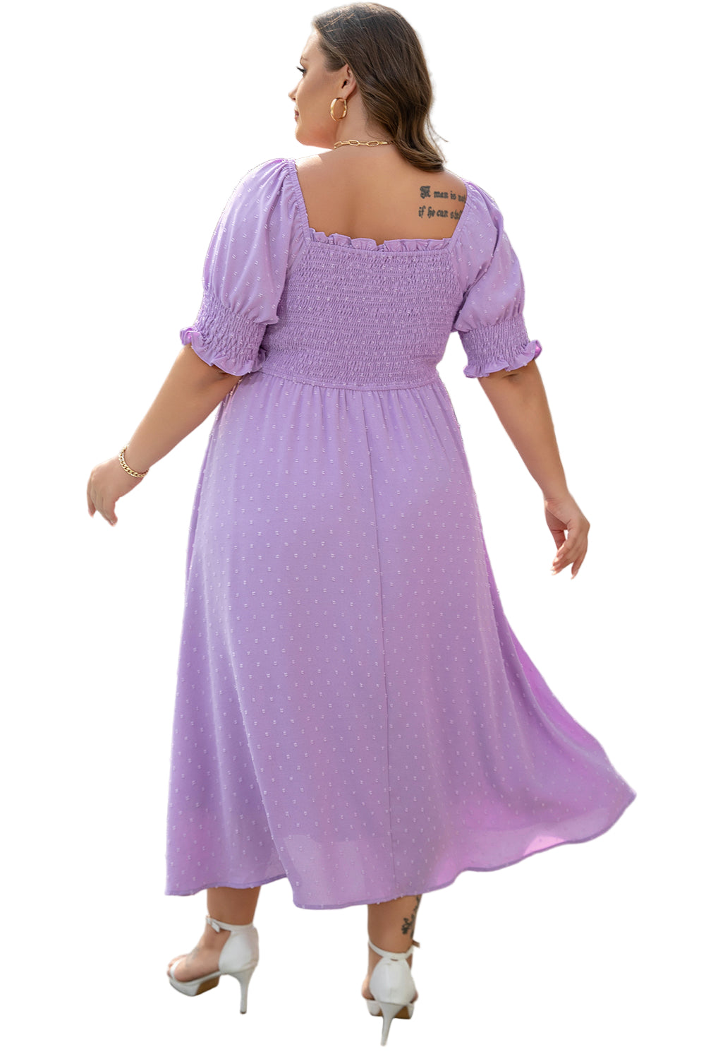 Wisteria Swiss Dot Smocked Frilled Neckline Short Sleeve Plus Size Dress