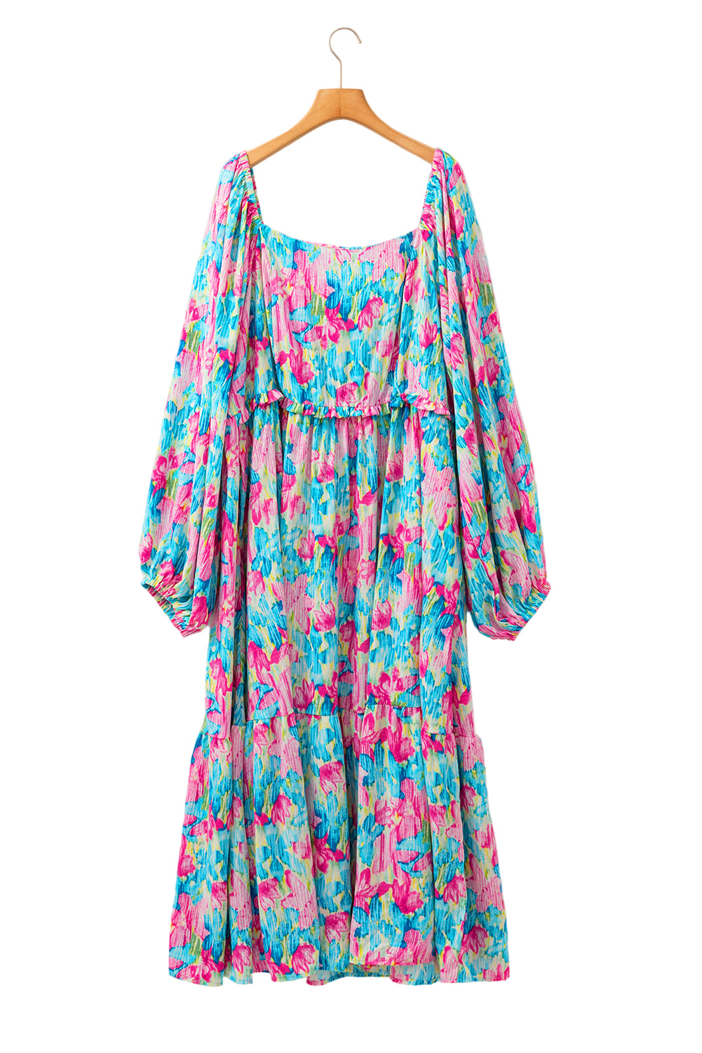 Sky Blue Floral Allover Print Shirred Square Neck Plus Size Maxi Dress