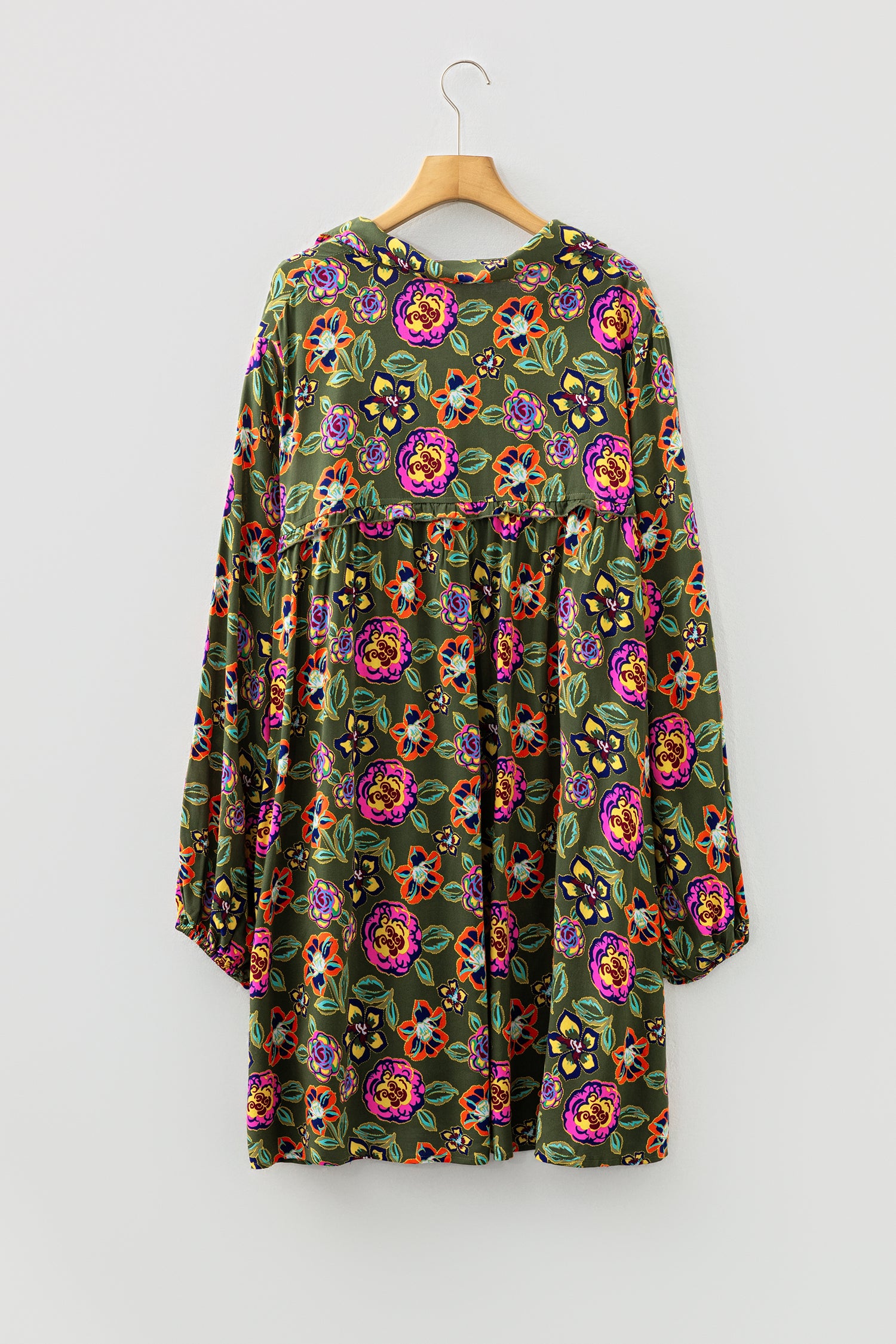 Green Plus Size Floral Print Collared V Neck Loose Mini Dress