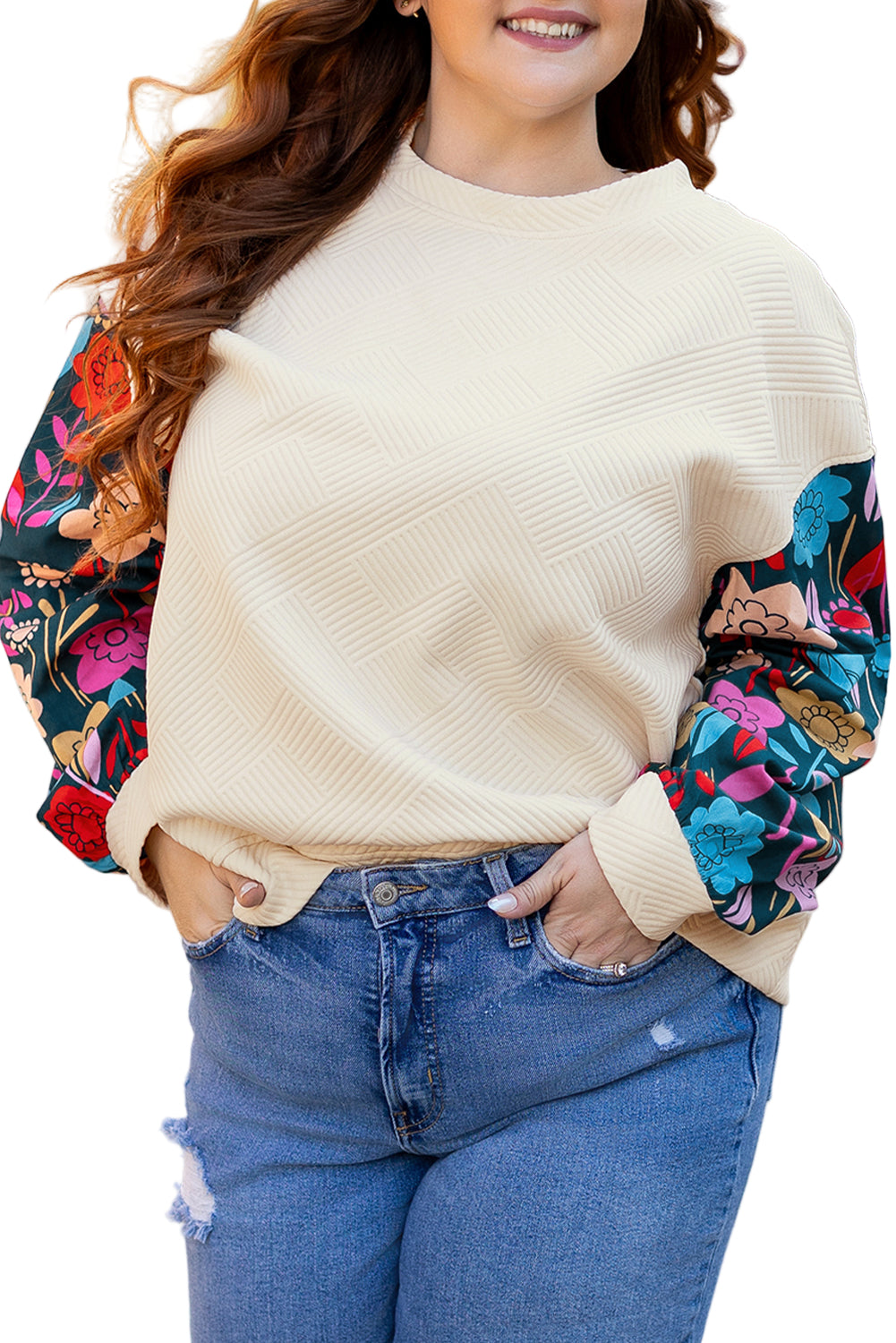 White Floral Patchwork Sleeve Textured Plus Size Pullover Top