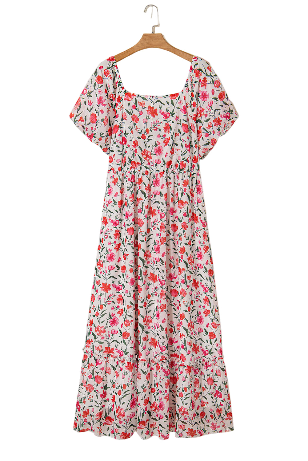 Pink Plus Size Floral Square Neck Puff Sleeve Ruffle Maxi Dress
