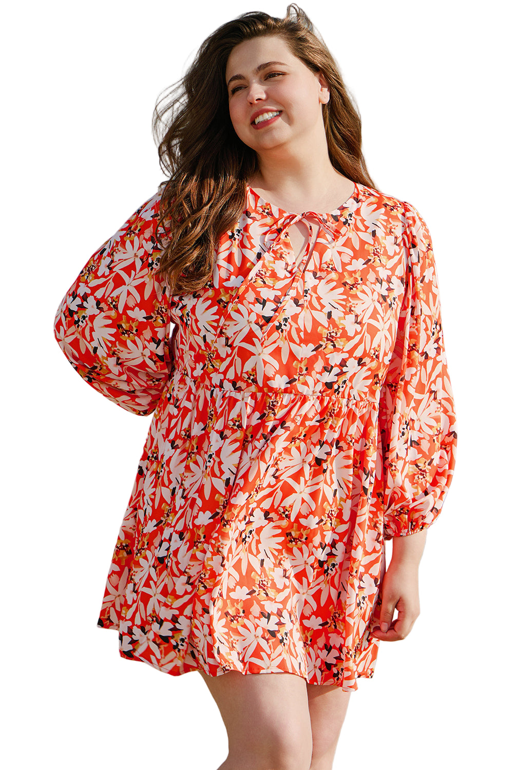 Orange Floral Print Split V Neck Bubble Sleeve Plus Size Midi Dress