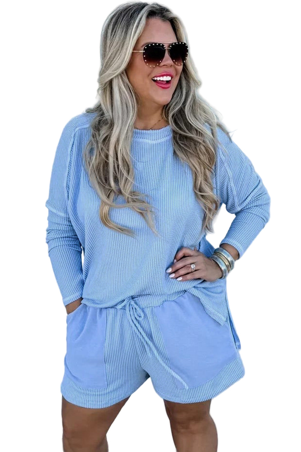 Light Blue Plus Size Ribbed Long Sleeve Top and Drawstring Shorts Set