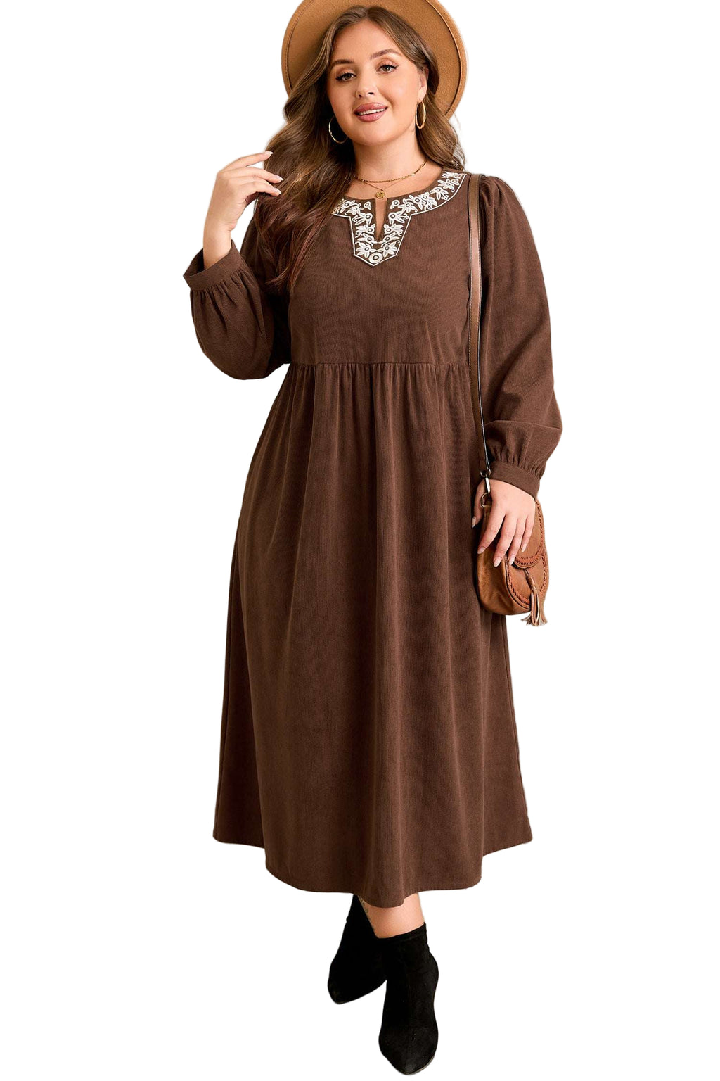 Coffee Embroidered Notched Neckline Textured Pleated High Waist Plus Size Midi Dress