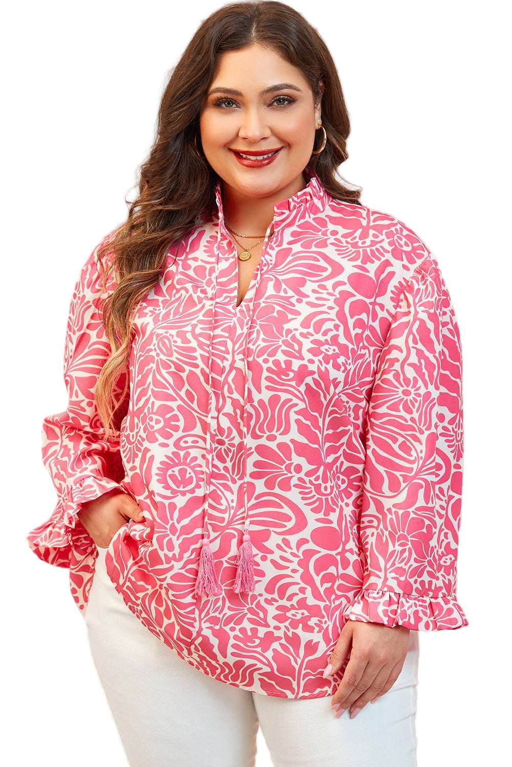 Pink Plus Size Floral Print Frilled Neck Puff Sleeve Top