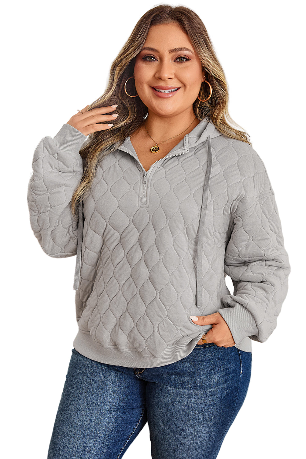 Gray Quilted Quarter Zip Plus Size Hoodie