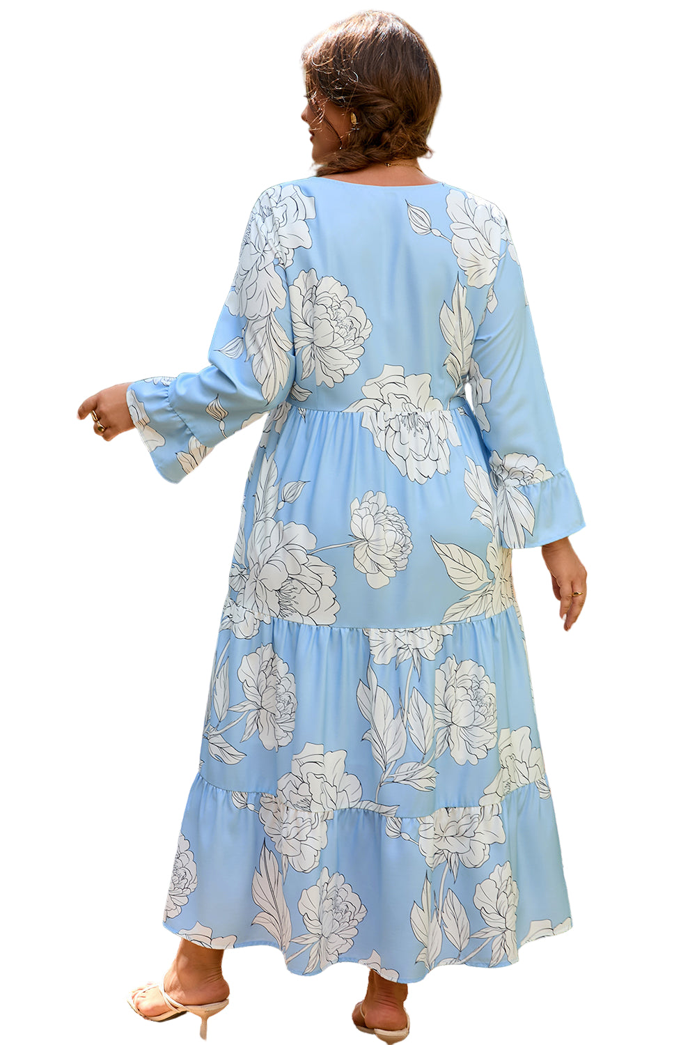 Sky Blue Floral Bracelet Sleeve V Neck Plus Size Tiered Maxi Dress