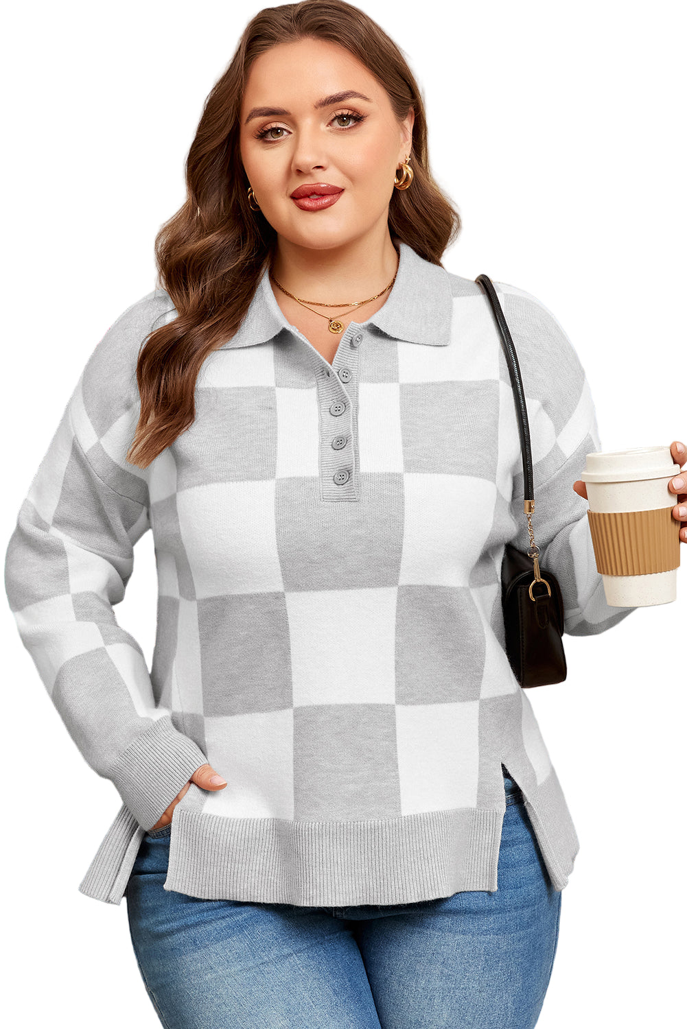 Gray Plus Size Checkered Pattern Button Polo Collar Split Sweater