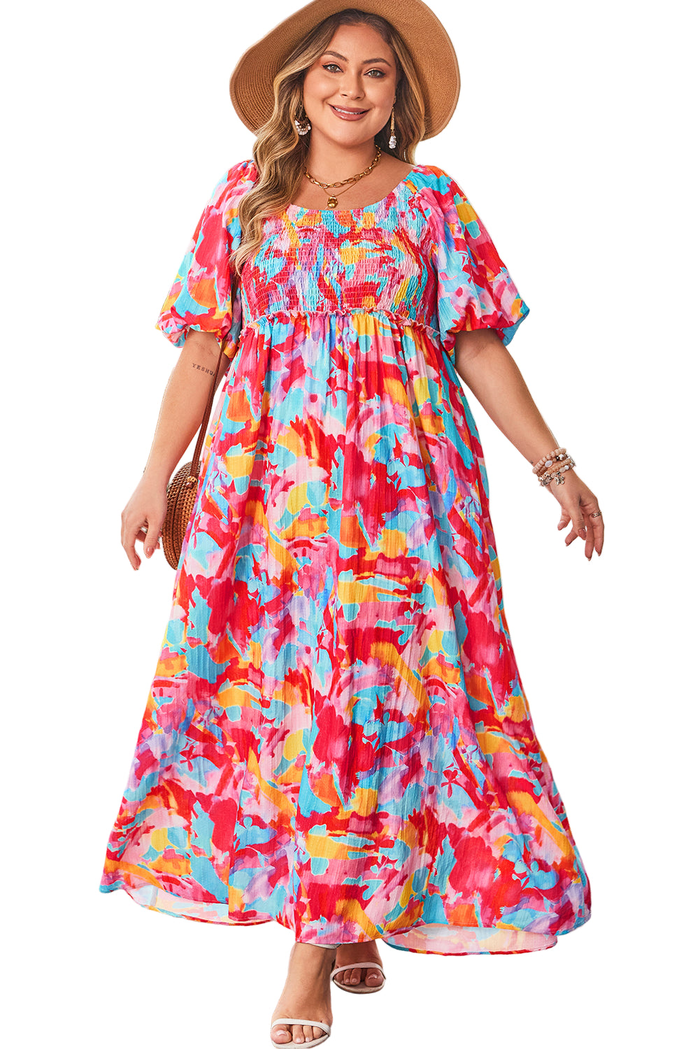 Rose Abstract Printed Puff Sleeve Square Neck Smocked Bust Tied Back Plus Size Dress