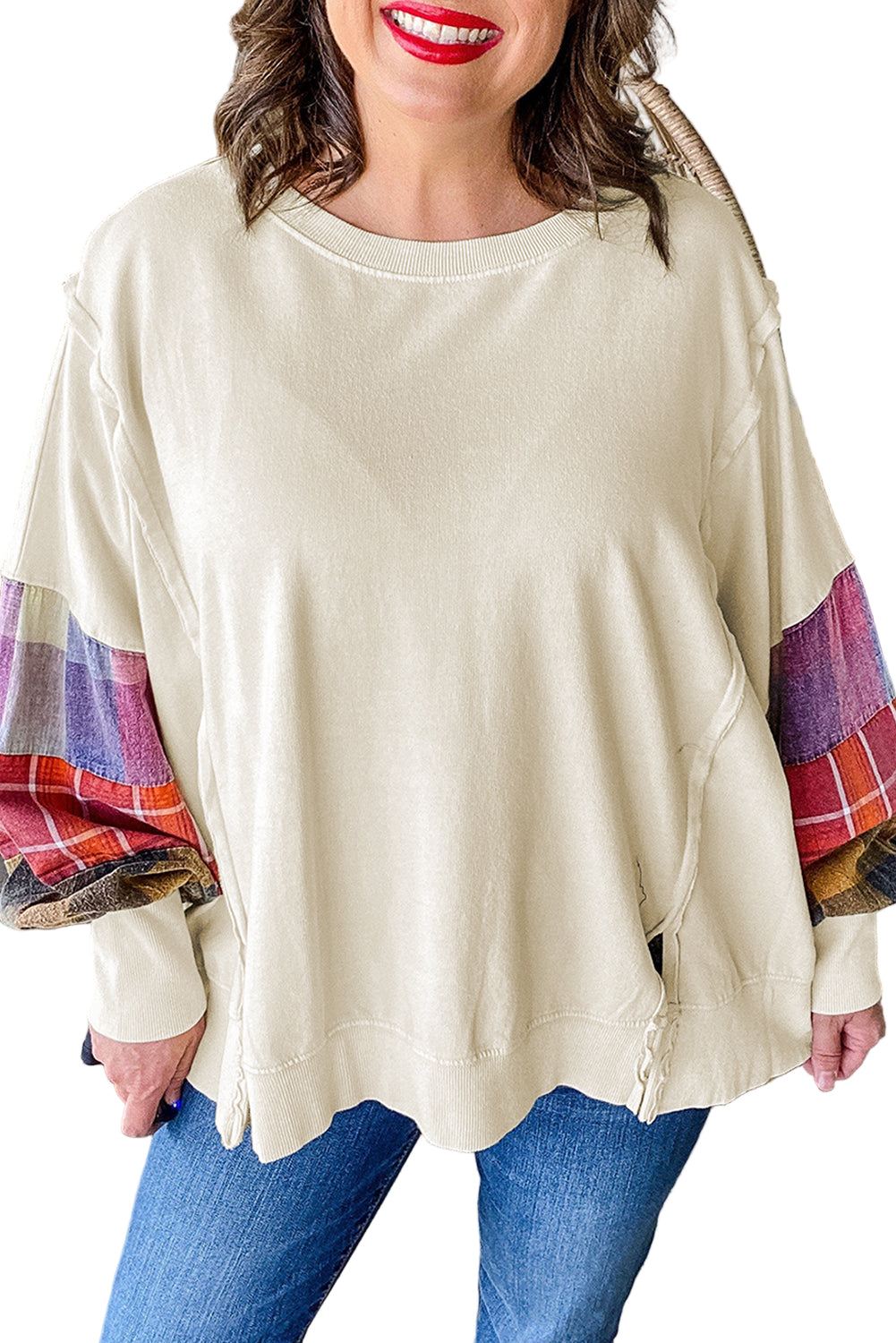 Beige Plus Size Plaid Patchwork Sleeve Pullover Top
