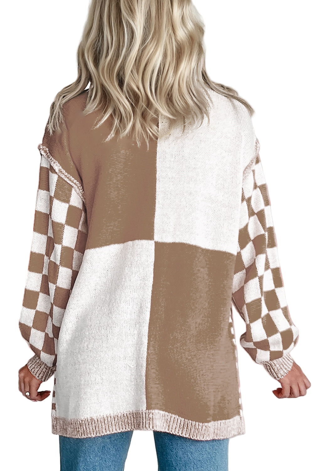 Orange Plus Size Checkered Bubble Sleeve Drop Shoulder Open Cardigan