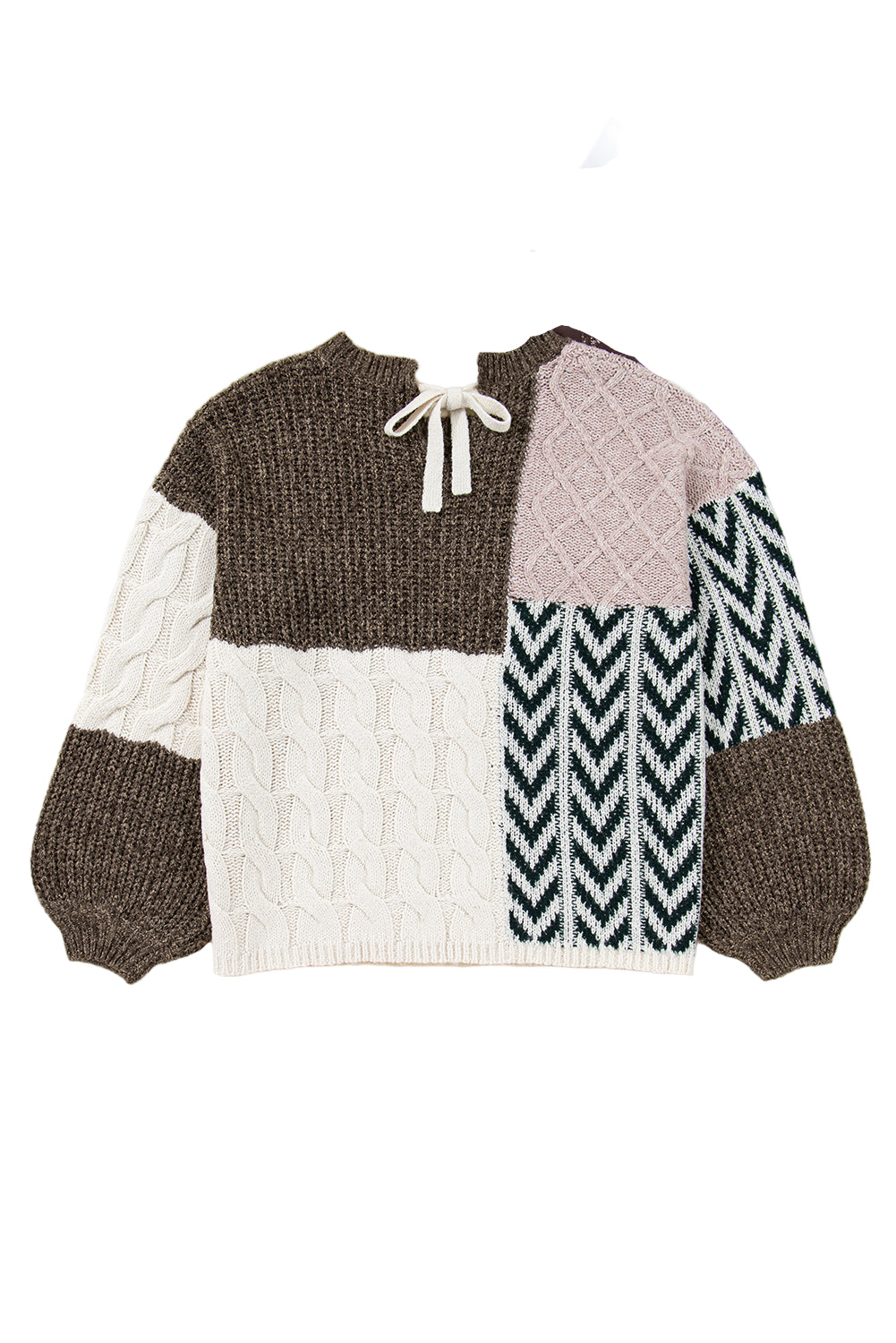 Brown Plus Size Color Block Patchwork Knotted Back Loose Fit Sweater